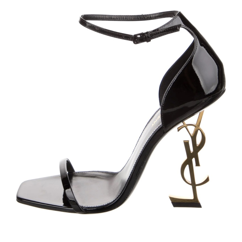 Yves Saint Laurent Black Patent Leather Ankle Strap Heels